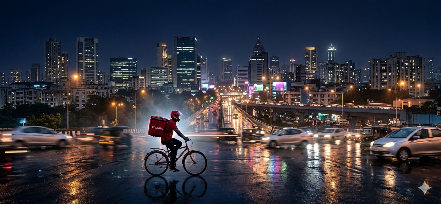Zomato delivery rider moving through a glowing Indian city at night — cinematic image representing the brand's content marketing scale and reach