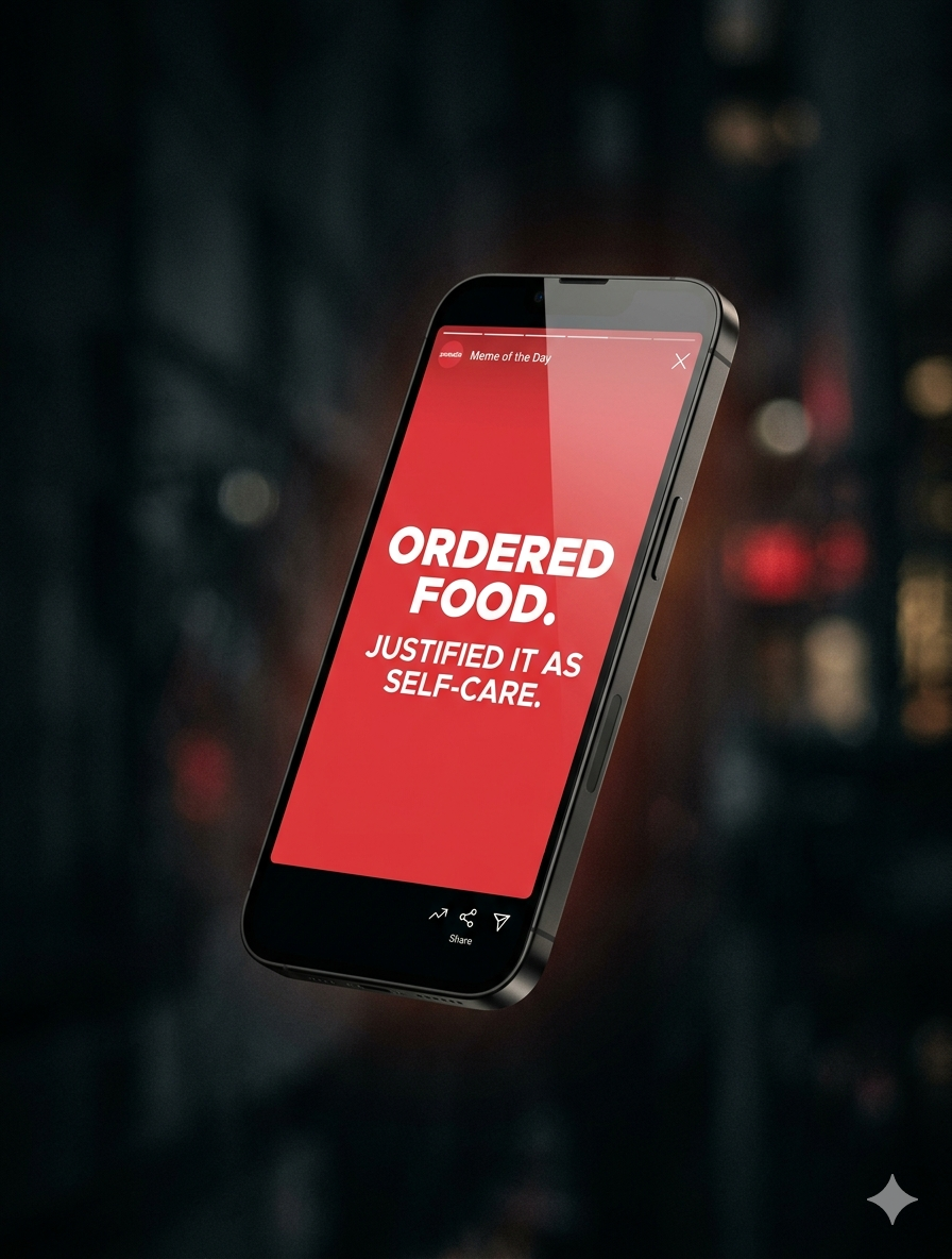 Zomato Instagram meme post on a smartphone — red background white text — content marketing strategy visual