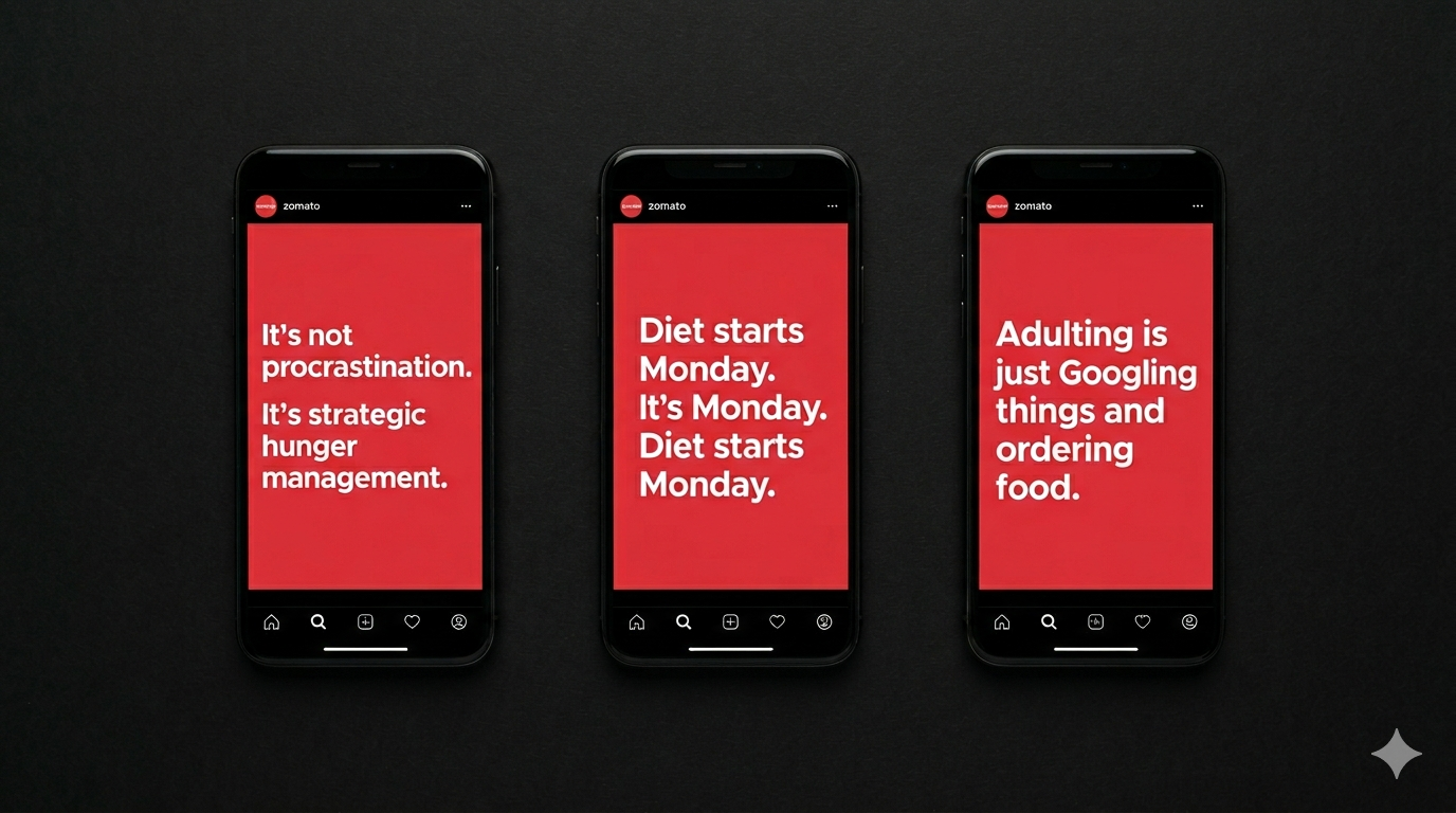 Three smartphones showing Zomato-style red background meme posts — illustrating the social content strategy that defined 2020–2023